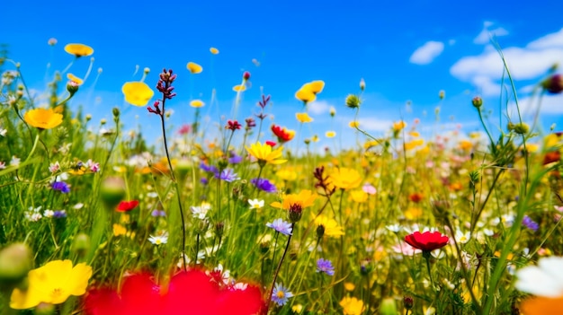 写真 青空をバックに一面の花畑