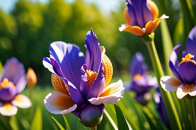 写真 紫と黄色の菖蒲のフィールドで、下部に iris という言葉があります。