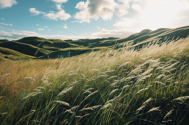 Фото Поле высокой травы с горами на заднем плане