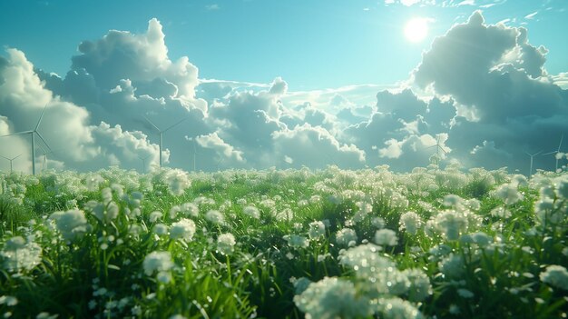 写真 夕暮れの白い<unk>の野花の畑