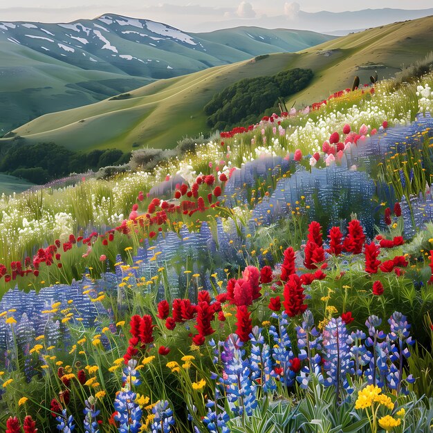 사진 배경 에 산 들 이 있는 야생 꽃 들 의