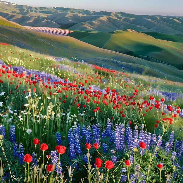 写真 背景に山がある野生の花の畑