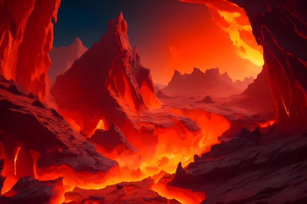 Фото Огненный ландшафт расплавленной породы с неровными трещинами и трещинами, созданный ай.