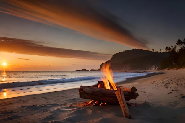 Фото Огонь горит на пляже на закате.