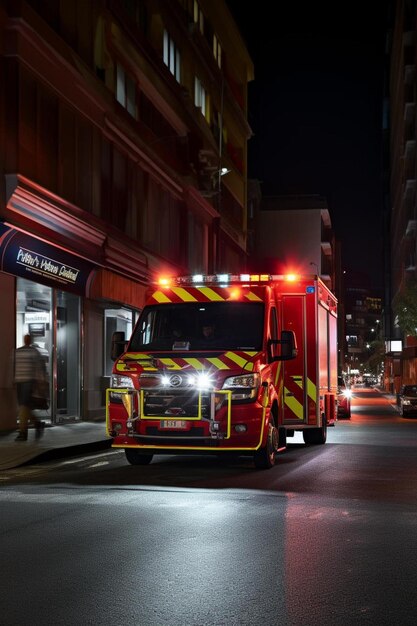 写真 消防車が店の前に駐車し消防署と書いてある