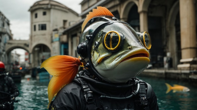 写真 水中都市を探索するスキューバギアを着た魚
