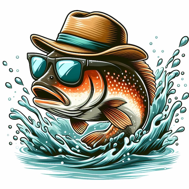 写真 帽子とサングラスを着た魚が水から飛び出している