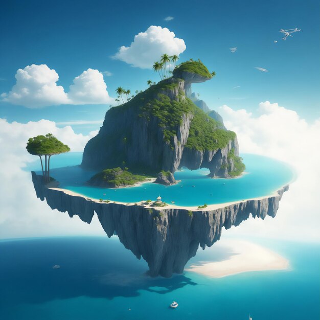 写真 壮大な 山々 に 囲まれ た 浮遊 する 島