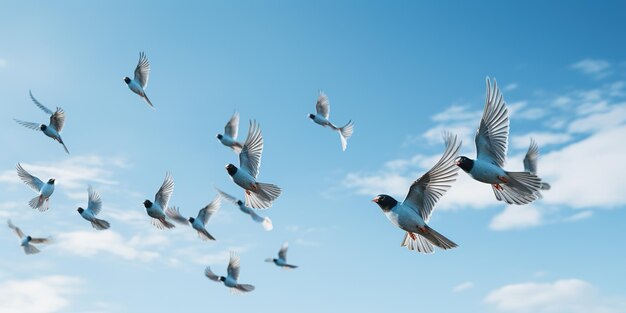 写真 青い空を飛ぶ鳥の群れ