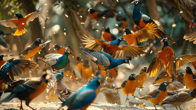 写真 森で飛ぶ鳥の群れ