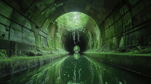 Фото Наводненный и заброшенный туннель, покрытый листьями