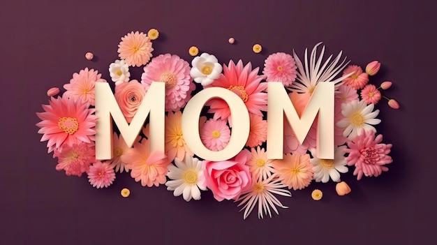 写真 花の背景に金色の文字で「お母さん」という言葉。