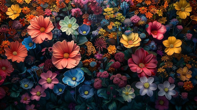写真 中央に色々な花がいている花の床