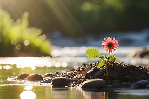 写真 川の真ん中に咲く花