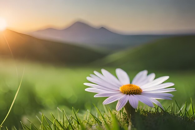 写真 草の中の花と背景の日没