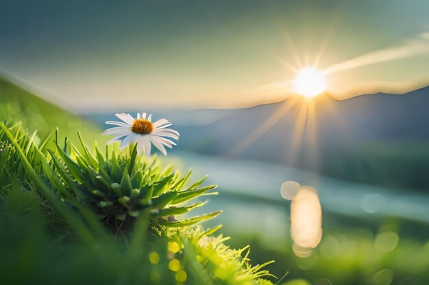 写真 その後ろに太陽がある草の中の花