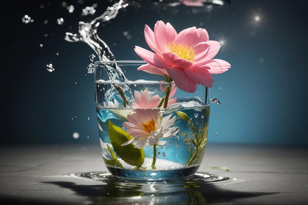Фото Цветок в стакане с водой и разбрызгивается водой