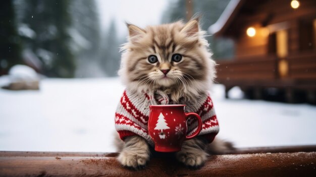 写真 スウェットを着てコーヒーカップを握っているふわふわの猫