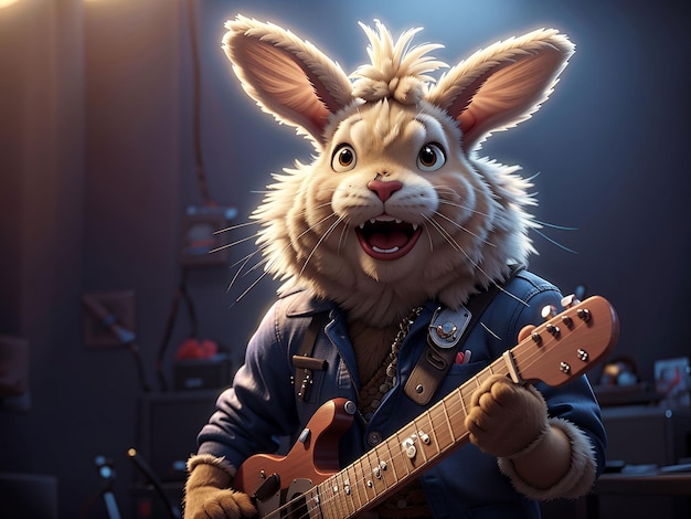 写真 毛深いハードロックのウサギのギタリストが 暴力的にマイクに叫んでいます