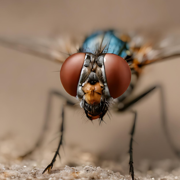 写真 青い鼻と茶色の目を持つハエ