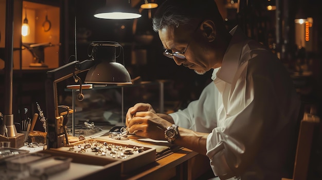 Фото В своей слабо освещенной мастерской сосредоточенный ремесленник усердно работает над деликатным ювелирным изделием