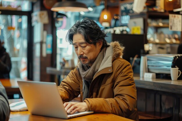 写真 日本人男性がラップトップで忙しいコーヒーハウスで働く 生産性と