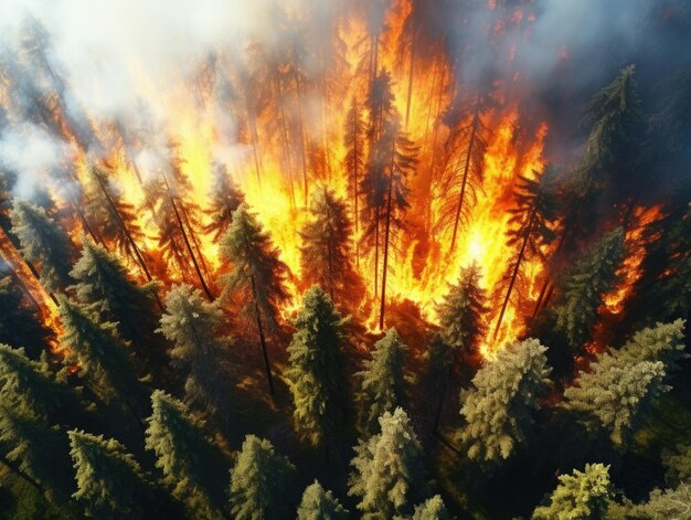 Фото Лесной пожар бушует в лесу с горящими деревьями.