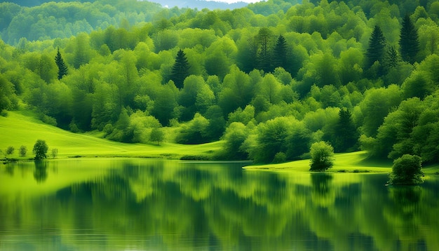 Фото Лес деревьев и озеро с лесом на заднем плане