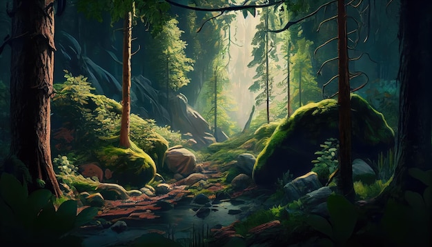 Фото Лесная сцена с ручьем и деревьями.