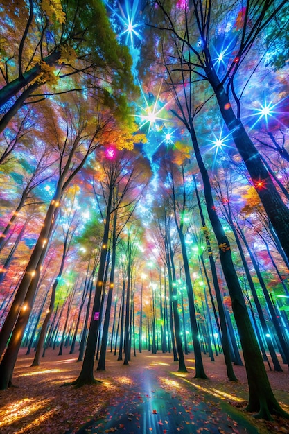 사진 나무들이 반이는 빛과 에너지로 만들어진 숲, 홀로그래픽 잎이 매 순간 색을 바꾸며 아름다움과 움직임의 칼레도스코픽 디스플레이를 만니다.