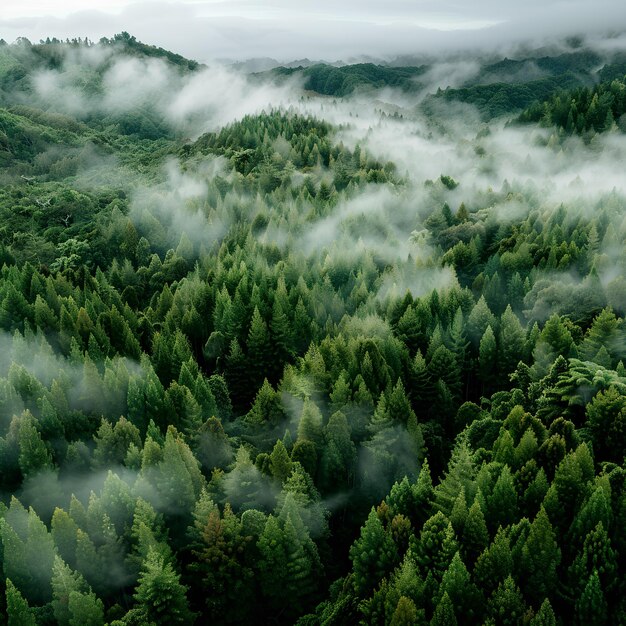 写真 その頂上にある霧と木の森