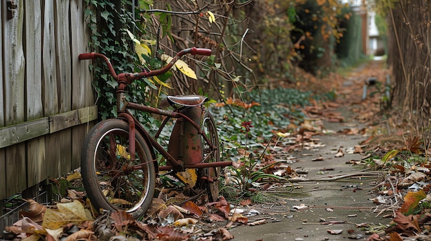 Фото Забытый детский трехколесный велосипед ржавеет на одиноком заросшем заднем дворе.