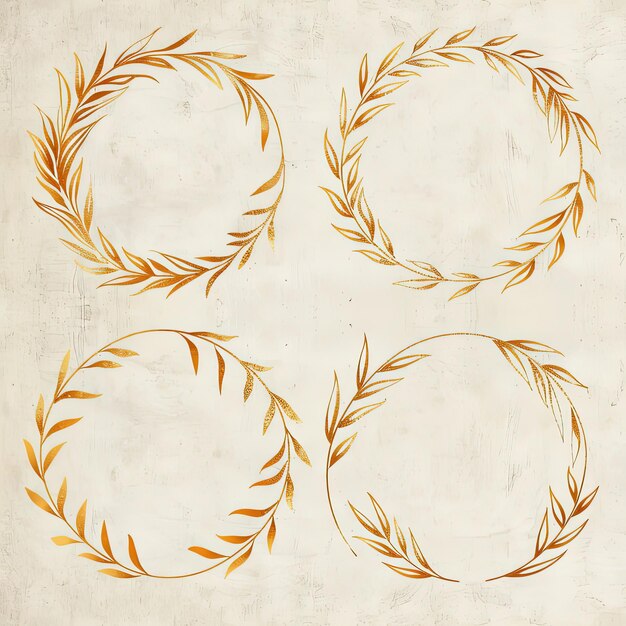 Фото Четыре круглых рамы, сделанные из листьев на стене