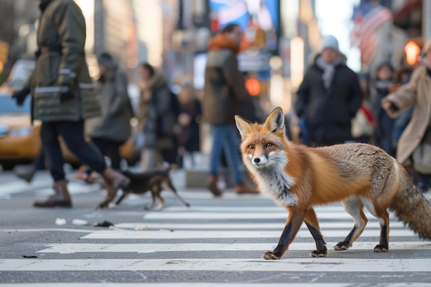 写真 混雑した歩行者横断路を自信をもって走るキツネが街の歩行者とやかに混じり合っています