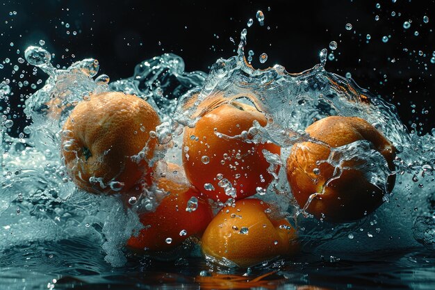 写真 新鮮な果物や野菜と水滴が広告の食品写真にスプラッシュを生み出します