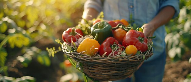 写真 農夫 が 織り物 の バスケット に 置い て いる 新しく 収 さ れ た 色々 な 野菜