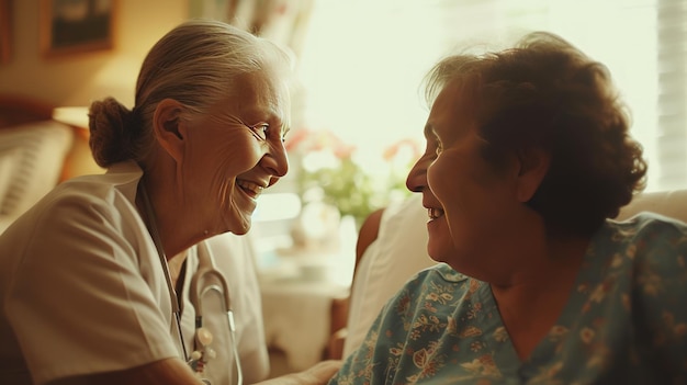 Фото Дружная медсестра поддерживает пожилую женщину дома генеративный ии образ