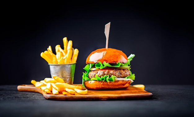 Фото Фронтовый вид куриных бургеров с сыром и зеленым салатом на деревянном столе и сэндвич-фастфуд.