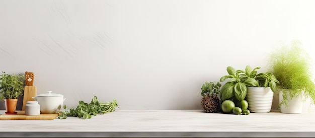 Фото Показано изображение спереди стильного белого кухонного фона с кухонной утварью и