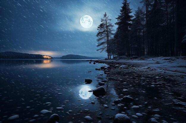 写真 満月が夜に湖の上を照らす