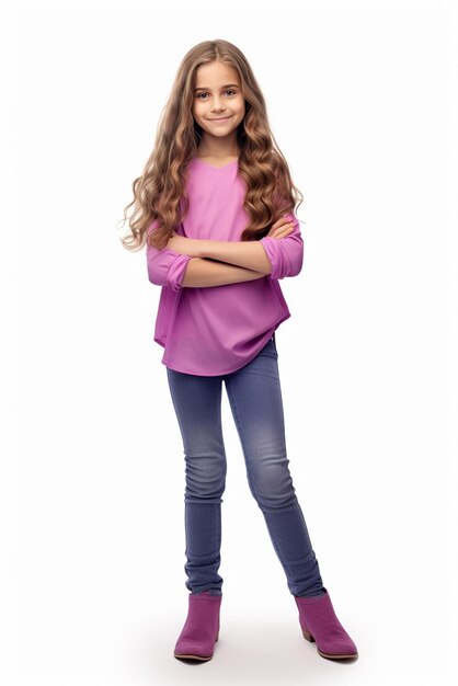 Фото Полноценная милая девушка с длинными волосами и фиолетовой рубашкой изолирована на белом фоне