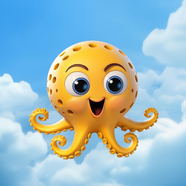 Фото Забавный и жизнерадостный желтый осьминог с круглой головой и большими радостными глазами, летящий в нежно-голубой цветке.