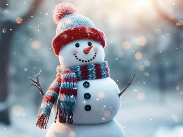 Фото Забавная шляпа с снеговиком и шарф в стиле боке-панорамы