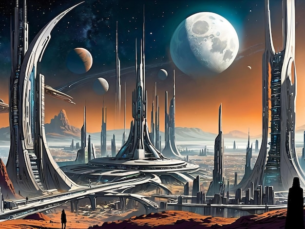 사진 배경에 달이 있는 미래의 도시, sf 세계, 외계 행성 풍경