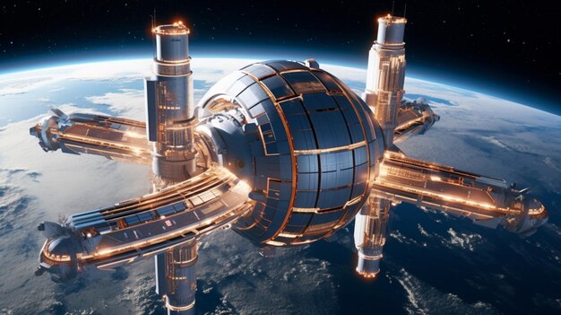 Фото Футуристическая космическая станция с мигающими огнями