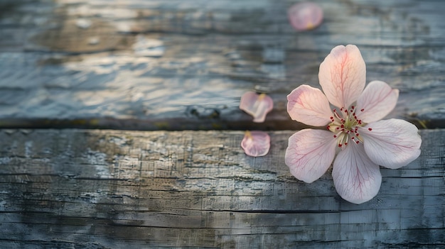 写真 柔らかいピンクの桜の花は,泉を象徴する質感のある田舎の青い木の表面に支えられています
