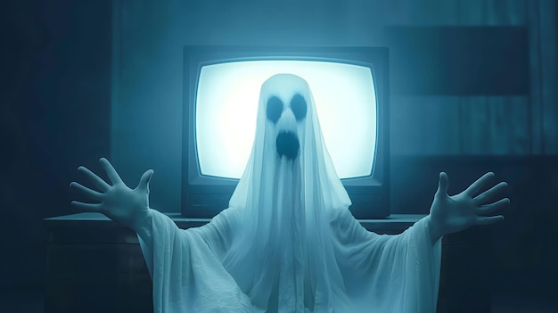 写真 白い幽霊の幽霊がテレビの前にいて幽霊がそこにいます