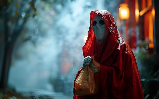 写真 赤いドレスを着て通りで幽霊のように見える幽霊の光景
