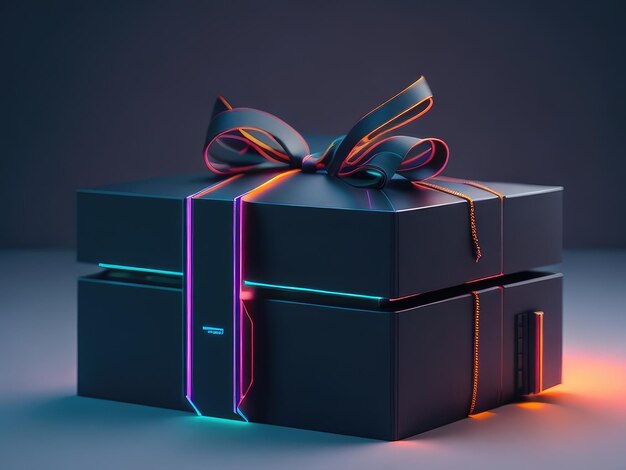 Фото Подарочная коробка в стиле киберпанк на темном фоне