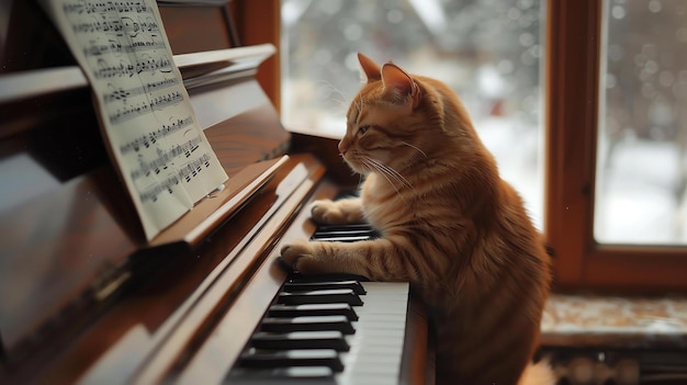 写真 赤い猫がピアノの鍵の上に座って窓の外を眺めている 猫は柔らかい光に背光を照らされその画像には暖かいかしい感覚がある